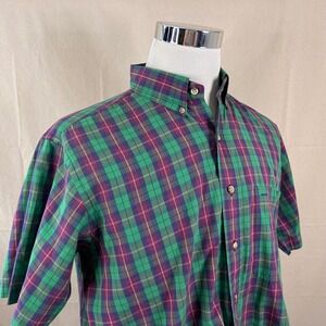 Gant Large Foxhunt Plaid Short Sleeve Button Down Green Red Cotton Blend Men